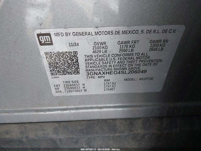 2025 Chevrolet Equinox Fwd Lt მანქანა იყიდება აუქციონზე, vin: 3GNAXHEG4SL206049, აუქციონის ნომერი: 45126112