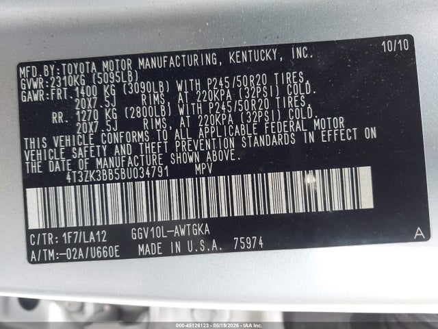 Aukcja sprzedaży 2011 Toyota Venza Base V6, vin: 4T3ZK3BB5BU034791, numer aukcji: 45126123