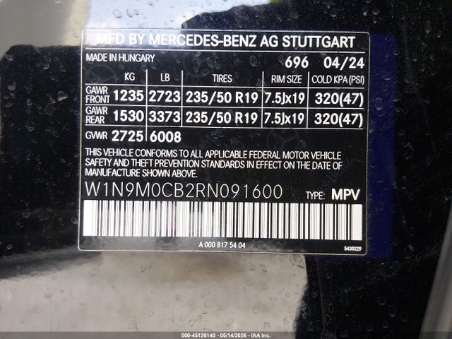 Auction sale of the 2024 Mercedes-benz Eqb 250 Suv, vin: W1N9M0CB2RN091600, lot number: 45126140