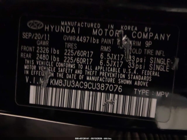 Продаж на аукціоні авто 2012 Hyundai Tucson Gls, vin: KM8JU3AC9CU387076, номер лоту: 45126141