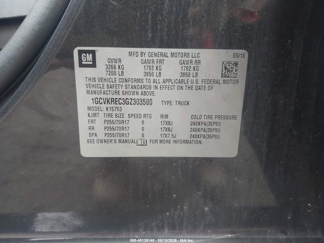 45126148 :رقم المزاد ، 1GCVKREC3GZ303500 vin ، 2016 Chevrolet Silverado 1500 1lt مزاد بيع