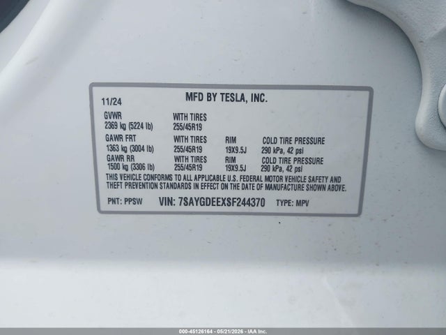 Aukcja sprzedaży 2025 Tesla Model Y Long Range Dual Motor All-wheel Drive, vin: 7SAYGDEEXSF244370, numer aukcji: 45126164