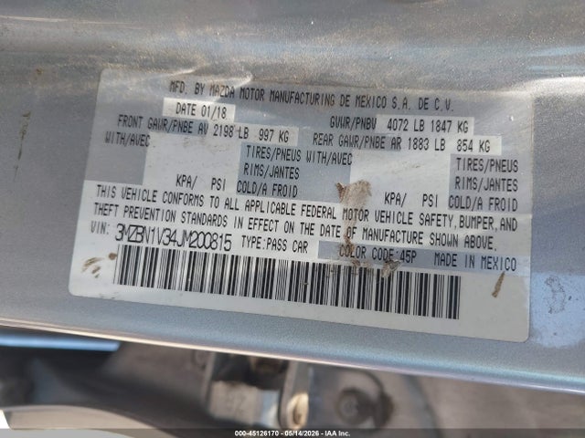 2018 Mazda Mazda3 Touring მანქანა იყიდება აუქციონზე, vin: 3MZBN1V34JM200815, აუქციონის ნომერი: 45126170