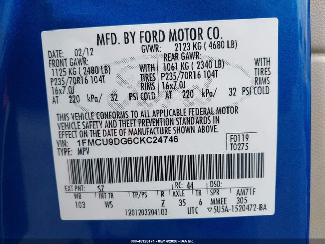 45126171 :رقم المزاد ، 1FMCU9DG6CKC24746 vin ، 2012 Ford Escape Xlt مزاد بيع