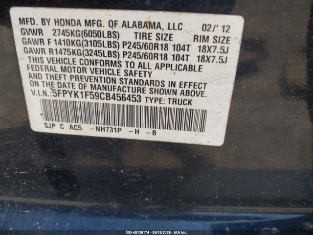Продаж на аукціоні авто 2012 Honda Ridgeline Rtl, vin: 5FPYK1F59CB456453, номер лоту: 45126174