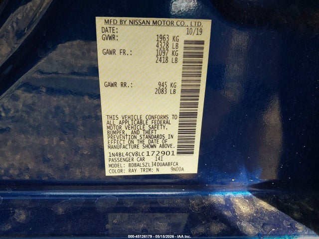 Продаж на аукціоні авто 2020 Nissan Altima Sr Fwd, vin: 1N4BL4CV8LC172901, номер лоту: 45126179