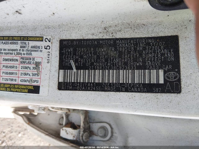 Aukcja sprzedaży 2008 Toyota Corolla Ce, vin: 2T1BR32E38C923633, numer aukcji: 45126184