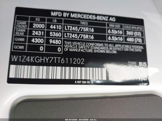 W1Z4KGHY7TT611202 Mercedes-Benz Sprinter 2500 High Roof 4-cyl Diesel
