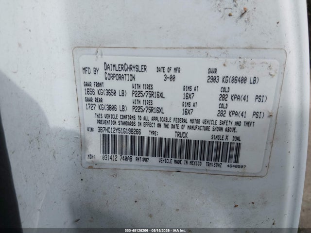 45126206 :رقم المزاد ، 3B7HC12Y51G198266 vin ، 2001 Dodge Ram 1500 St مزاد بيع