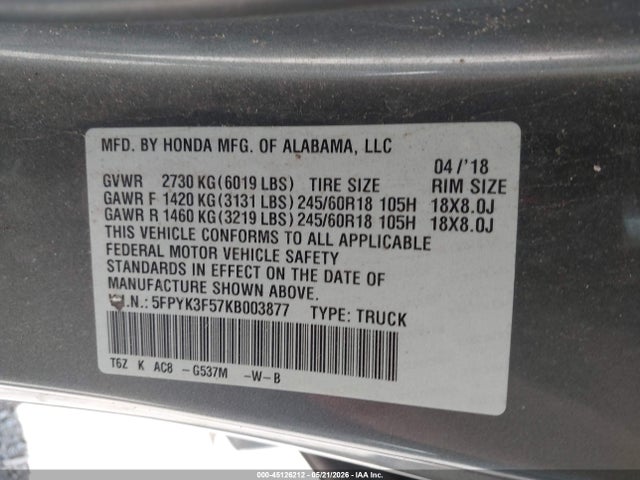 Продажа на аукционе авто 2019 Honda Ridgeline Rtl, vin: 5FPYK3F57KB003877, номер лота: 45126212
