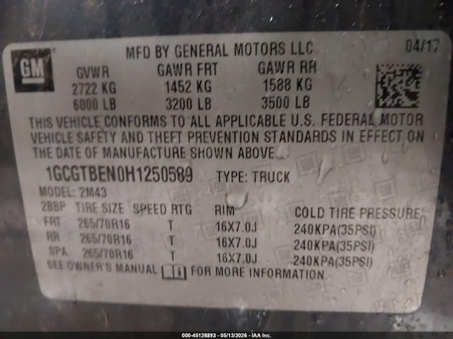 Продажа на аукционе авто 2017 Chevrolet Colorado Wt, vin: 1GCGTBEN0H1250589, номер лота: 45126213