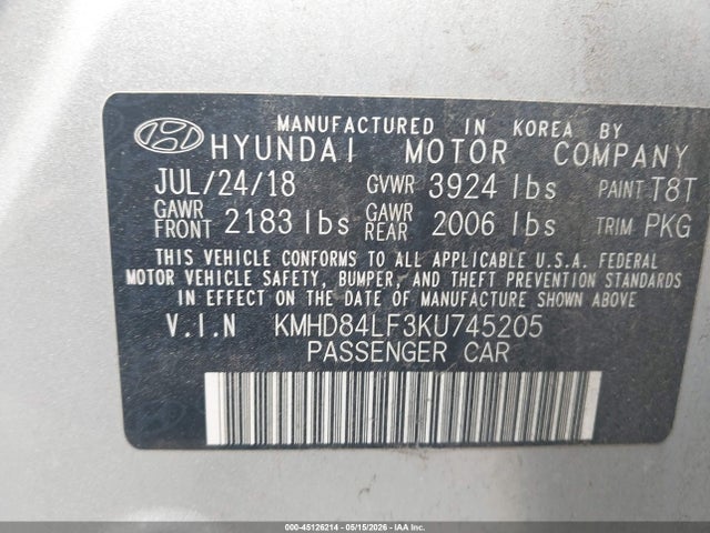 Продаж на аукціоні авто 2019 Hyundai Elantra Sel, vin: KMHD84LF3KU745205, номер лоту: 45126214