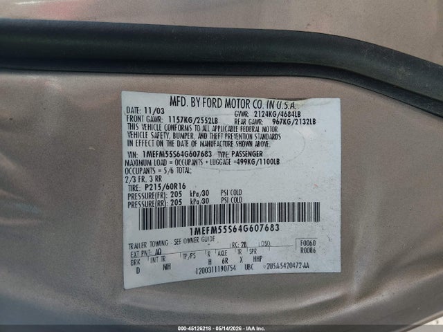 Aukcja sprzedaży 2004 Mercury Sable Ls Premium, vin: 1MEFM55S64G607683, numer aukcji: 45126218