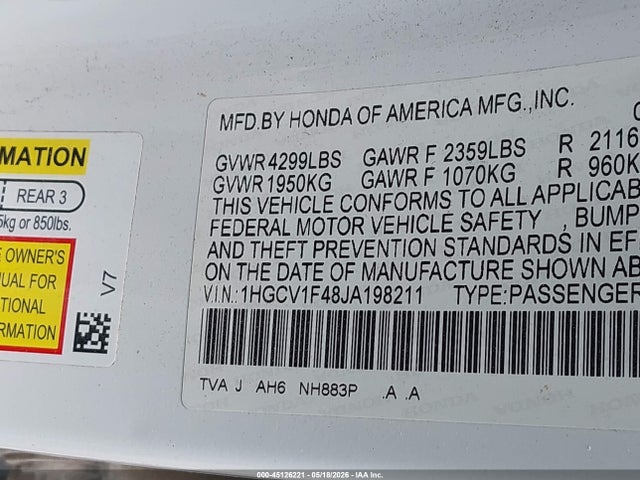 Продаж на аукціоні авто 2018 Honda Accord Ex, vin: 1HGCV1F48JA198211, номер лоту: 45126221