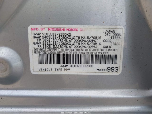 45126225 :رقم المزاد ، JA4MT31X97Z002982 vin ، 2007 Mitsubishi Outlander Ls مزاد بيع