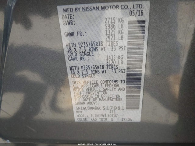 Aukcja sprzedaży 2016 Infiniti Qx60, vin: 5N1AL0MM8GC517981, numer aukcji: 45126242
