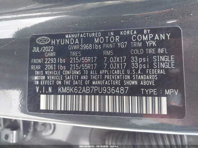 Aukcja sprzedaży 2023 Hyundai Kona Sel, vin: KM8K62AB7PU936487, numer aukcji: 45126243