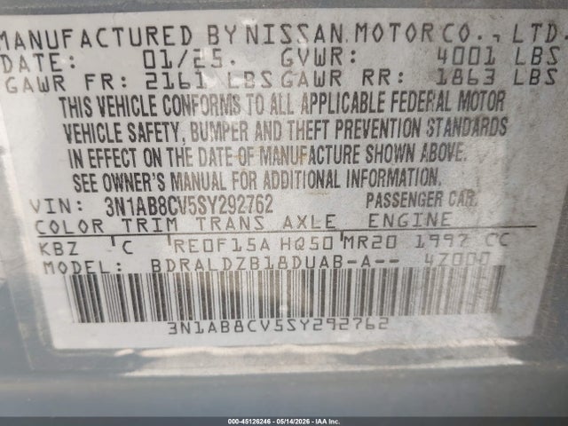 3N1AB8CV5SY292762 Nissan SENTRA SV
