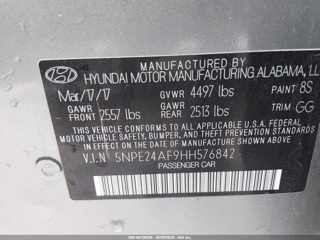 2017 Hyundai Sonata Se მანქანა იყიდება აუქციონზე, vin: 5NPE24AF9HH576842, აუქციონის ნომერი: 45126250