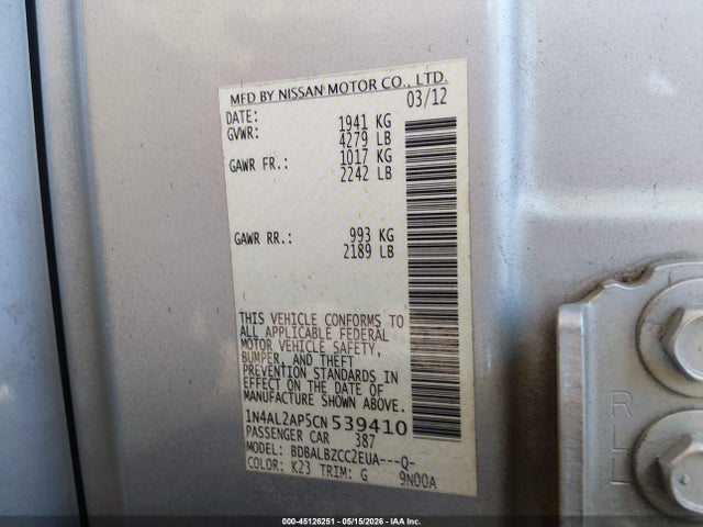 45126251 :رقم المزاد ، 1N4AL2AP5CN539410 vin ، 2012 Nissan Altima 2.5 S مزاد بيع