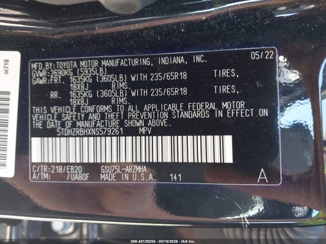 45126255 :رقم المزاد ، 5TDHZRBHXNS579261 vin ، 2022 Toyota Highlander Xle مزاد بيع