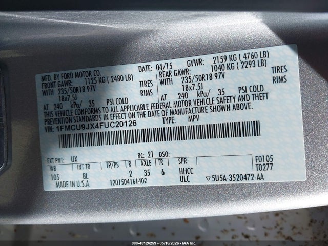 45126259 :رقم المزاد ، 1FMCU9JX4FUC20126 vin ، 2015 Ford Escape Titanium مزاد بيع