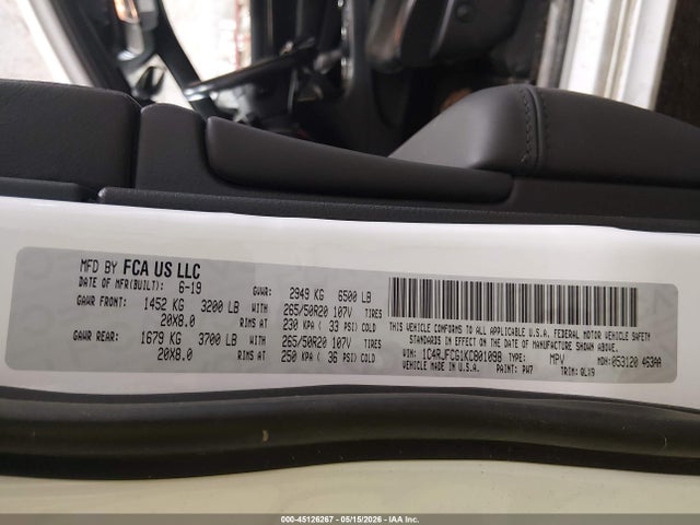 45126267 :رقم المزاد ، 1C4RJFCG1KC801098 vin ، 2019 Jeep Grand Cherokee High Altitude 4x4 مزاد بيع