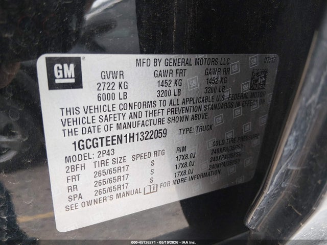 Продаж на аукціоні авто 2017 Chevrolet Colorado Zr2, vin: 1GCGTEEN1H1322059, номер лоту: 45126271