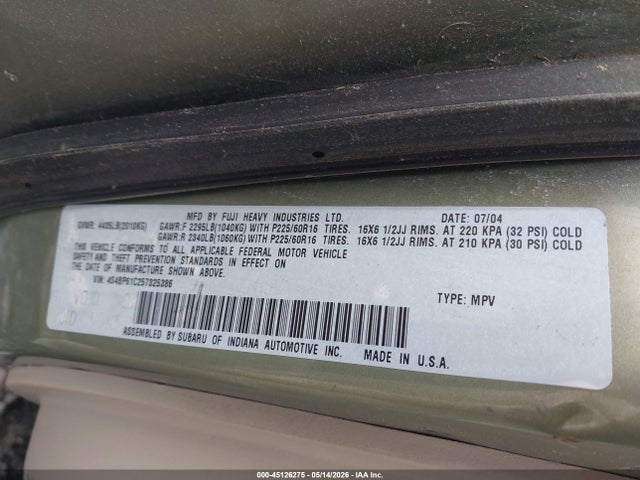 2005 Subaru Outback 2.5i მანქანა იყიდება აუქციონზე, vin: 4S4BP61C257325386, აუქციონის ნომერი: 45126275