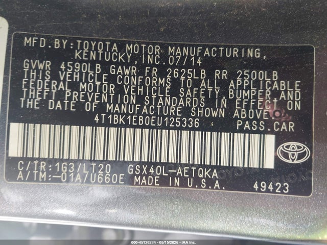 45126284 :رقم المزاد ، 4T1BK1EB0EU125336 vin ، 2014 Toyota Avalon Xle Touring مزاد بيع