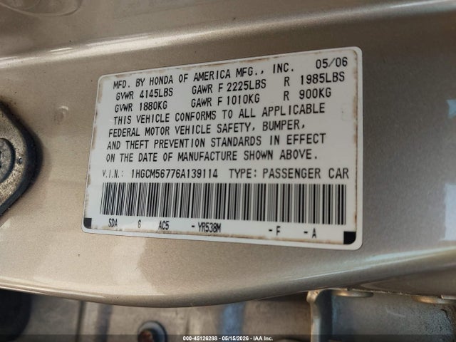 2006 Honda Accord 2.4 Ex მანქანა იყიდება აუქციონზე, vin: 1HGCM56776A139114, აუქციონის ნომერი: 45126288