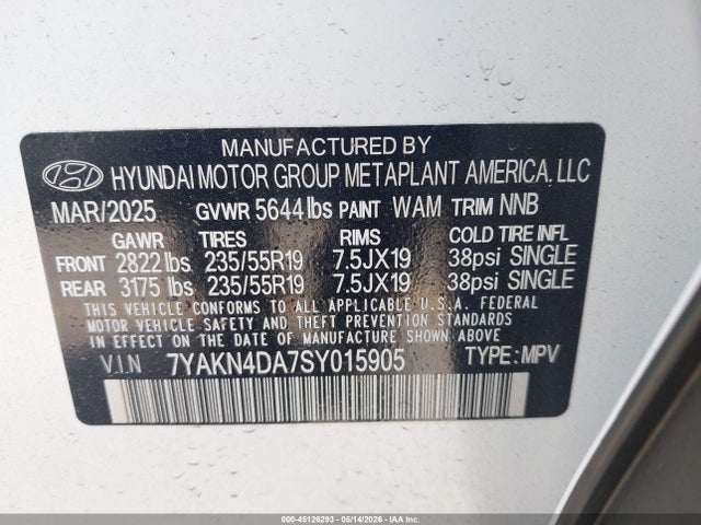 45126293 :رقم المزاد ، 7YAKN4DA7SY015905 vin ، 2025 Hyundai Ioniq 5 Sel مزاد بيع