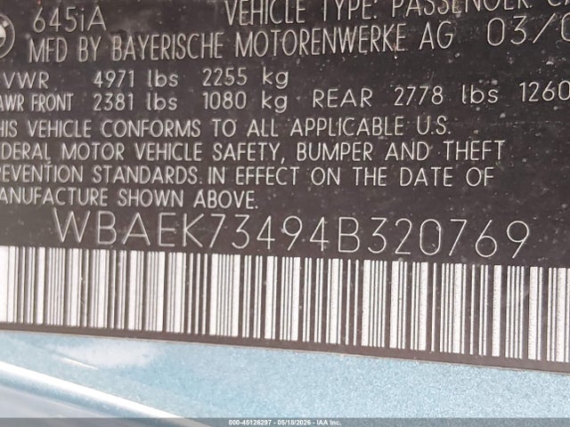 Продаж на аукціоні авто 2004 Bmw 645ci, vin: WBAEK73494B320769, номер лоту: 45126297