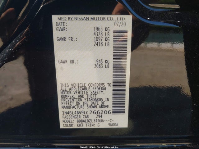 45126300 :رقم المزاد ، 1N4BL4BV9LC266206 vin ، 2020 Nissan Altima S Fwd مزاد بيع