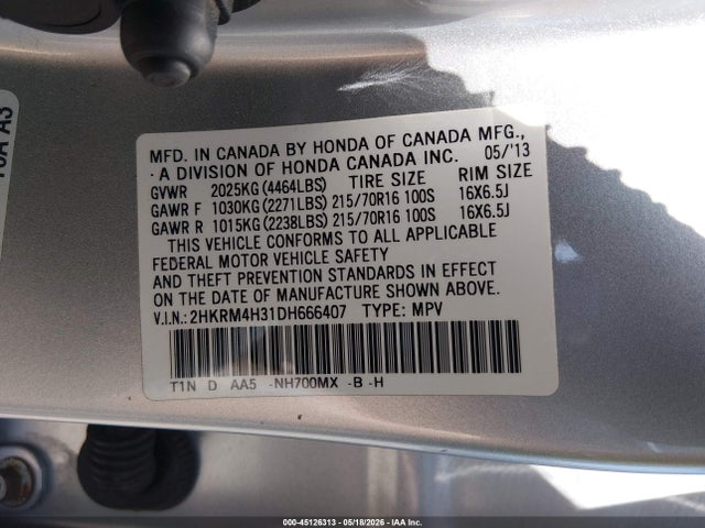 Продажа на аукционе авто 2013 Honda Cr-v Lx, vin: 2HKRM4H31DH666407, номер лота: 45126313