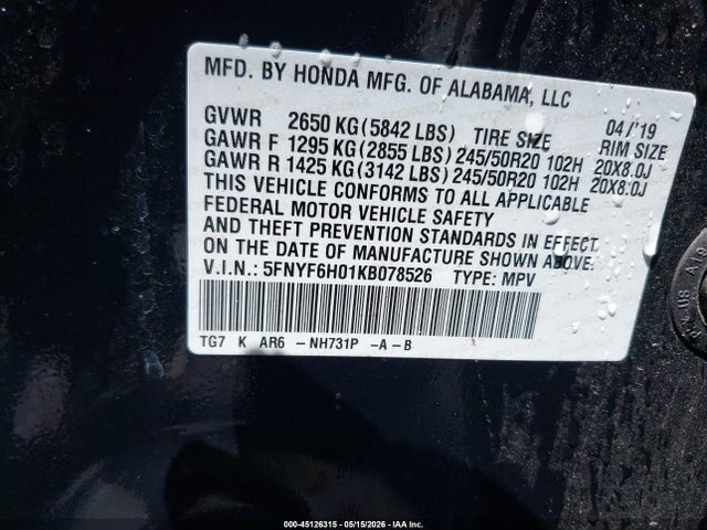 Aukcja sprzedaży 2019 Honda Pilot Elite, vin: 5FNYF6H01KB078526, numer aukcji: 45126315