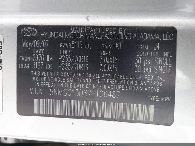 2007 Hyundai Santa Fe Gls მანქანა იყიდება აუქციონზე, vin: 5NMSG13D87H106487, აუქციონის ნომერი: 45126318