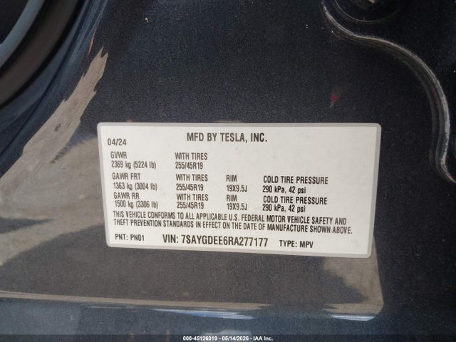 Продаж на аукціоні авто 2024 Tesla Model Y Long Range Dual Motor All-wheel Drive, vin: 7SAYGDEE6RA277177, номер лоту: 45126319