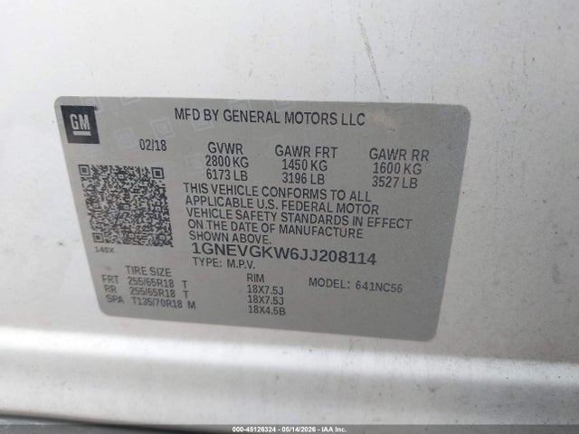 Aukcja sprzedaży 2018 Chevrolet Traverse 1lt, vin: 1GNEVGKW6JJ208114, numer aukcji: 45126324