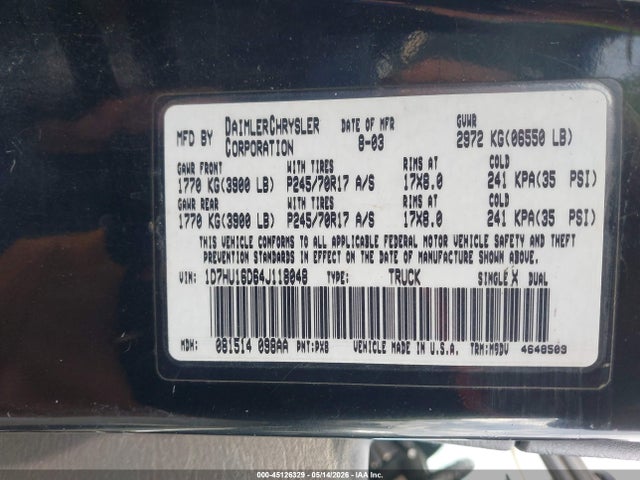 Auction sale of the 2004 Dodge Ram 1500 Slt/laramie, vin: 1D7HU16D64J118048, lot number: 45126329