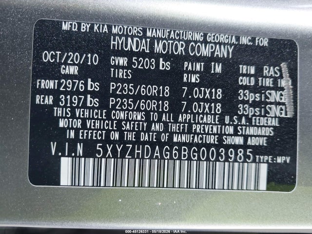 Aukcja sprzedaży 2011 Hyundai Santa Fe Se, vin: 5XYZHDAG6BG003985, numer aukcji: 45126331