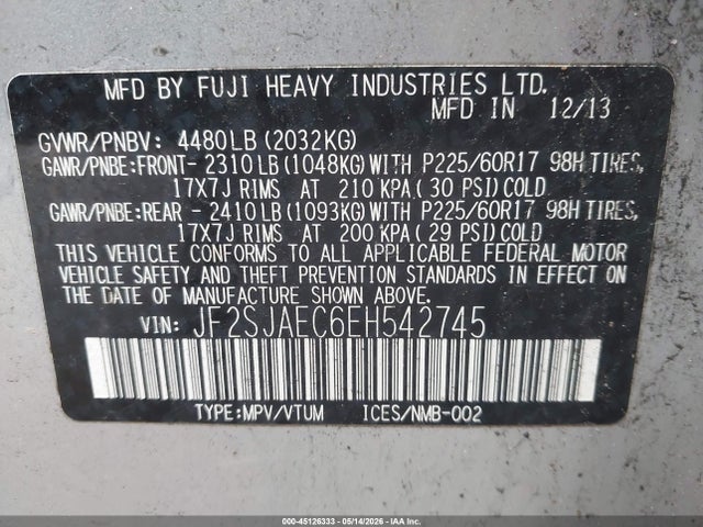 45126333 :رقم المزاد ، JF2SJAEC6EH542745 vin ، 2014 Subaru Forester 2.5i Premium مزاد بيع