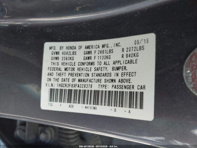 Auction sale of the 2015 Honda Accord Ex-l V-6, vin: 1HGCR3F8XFA029379, lot number: 45126336
