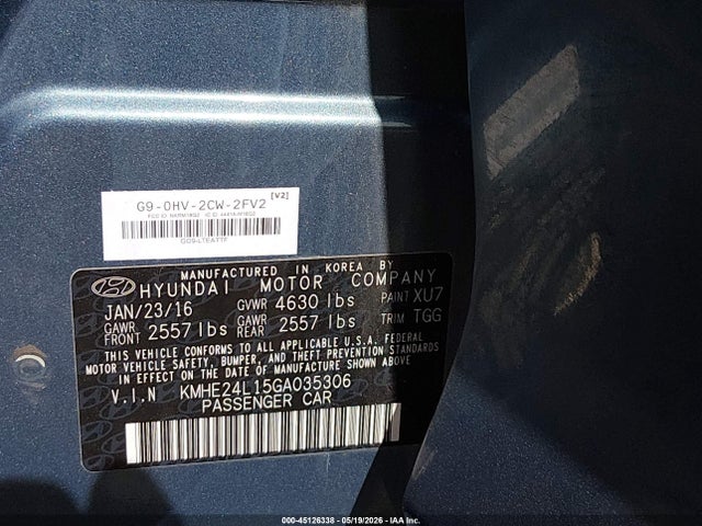 Hyundai Sonata Hybrid Se 2016 KMHE24L15GA035306 Image 9