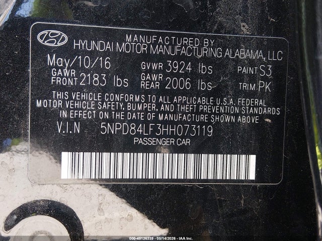 5NPD84LF3HH073119 Hyundai ELANTRA SE