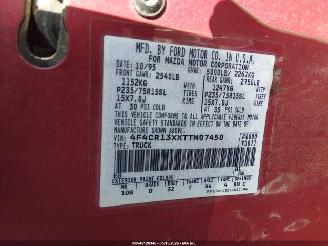 45126345 :رقم المزاد ، 4F4CR13XXTTM07450 vin ، 1996 Mazda B4000 مزاد بيع