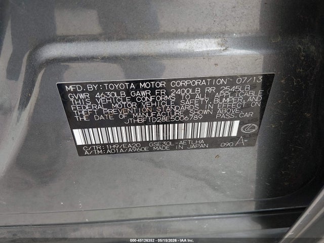 45126352 :رقم المزاد ، JTHBF1D28E5006789 vin ، 2014 Lexus Is 250 مزاد بيع