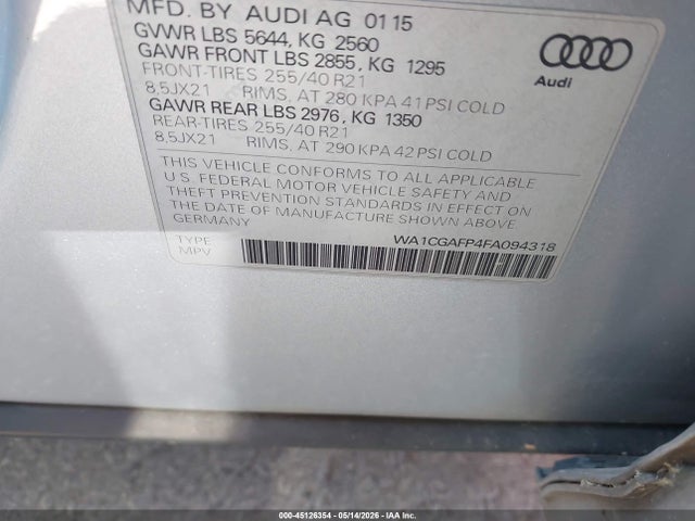 Продажа на аукционе авто 2015 Audi Sq5 3.0t Premium Plus, vin: WA1CGAFP4FA094318, номер лота: 45126354