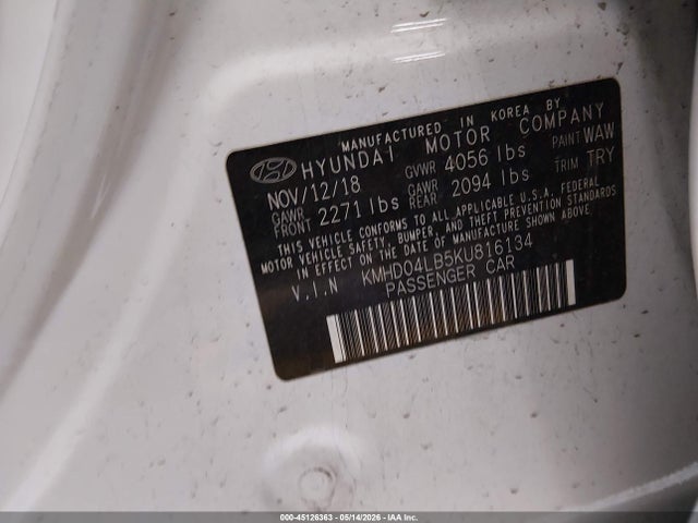 45126363 :رقم المزاد ، KMHD04LB5KU816134 vin ، 2019 Hyundai Elantra Sport مزاد بيع