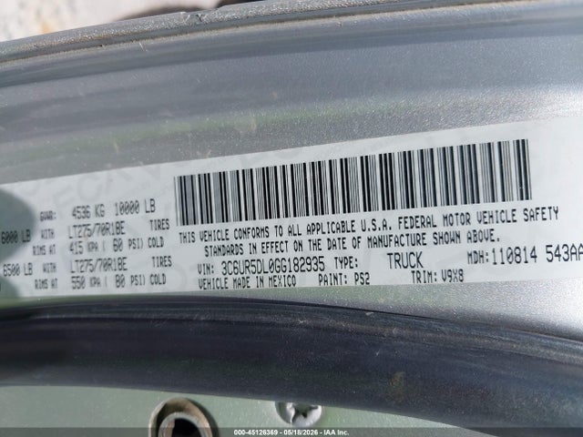 45126369 :رقم المزاد ، 3C6UR5DL0GG182935 vin ، 2016 Ram 2500 Slt مزاد بيع
